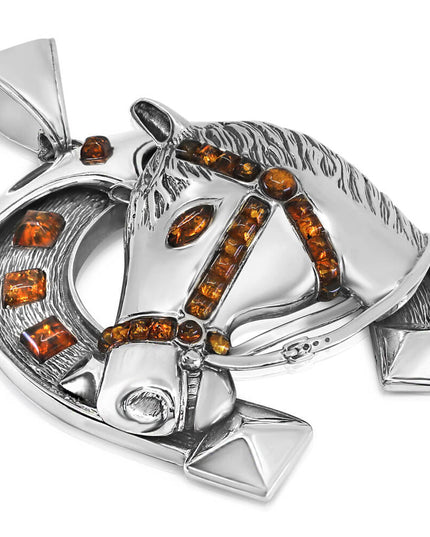 Silver Horseshoe Handmade 925 Sterling Silver Pendant with Baltic Amber – 78mm x 65mm, 79g