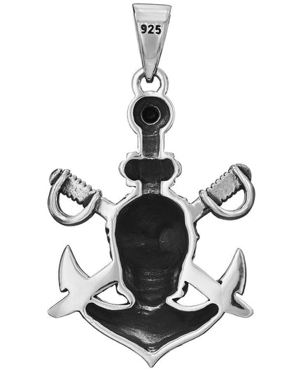 Pirate Cross 925 Sterling Silver Pendant with Black Onyx – Skull & Crossed Swords Design, 30x40mm, 14.5g