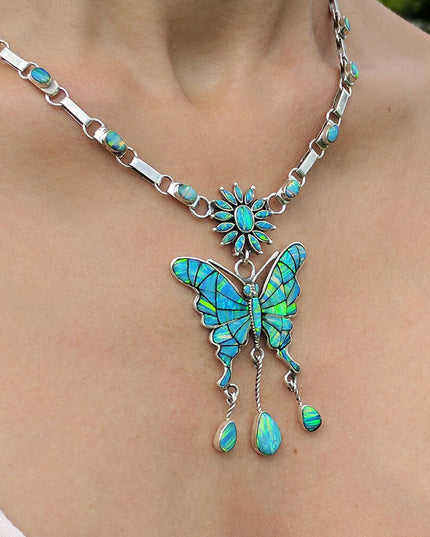 Butterfly Chain Necklace – Solid 925 Sterling Silver with Genuine Blue Opal Stones