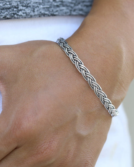 Silver Braid Cuff Bracelet – High-Quality 925 Sterling Silver, 5mm Width, Adjustable 6.3” Fit, Unisex, Gift Included