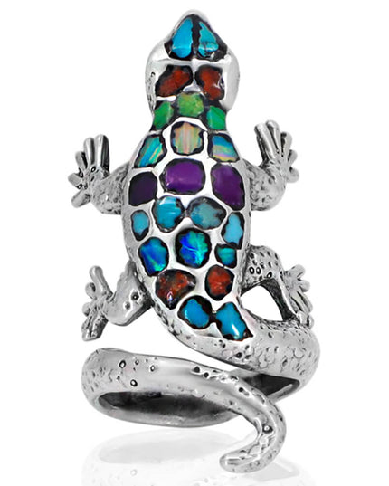 Lucky Lizard Ring – 925 Sterling Silver Adjustable Design with Blue Opal or Colorful Gemstones