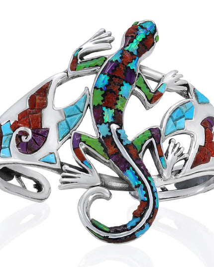 Lizard Cuff Bracelet – Sterling Silver with Opal, Coral & Turquoise Stones