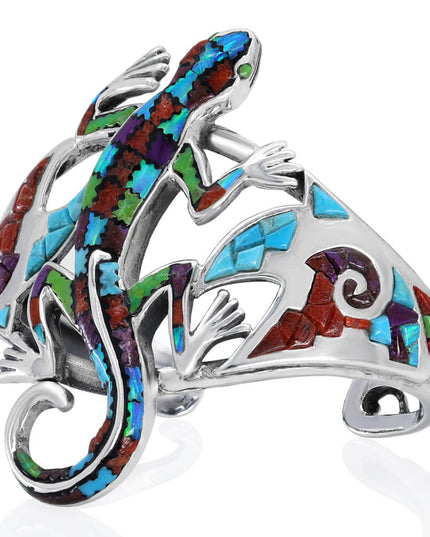 Lizard Cuff Bracelet – Sterling Silver with Opal, Coral & Turquoise Stones