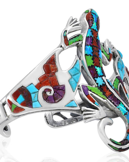 Lizard Cuff Bracelet – Sterling Silver with Opal, Coral & Turquoise Stones