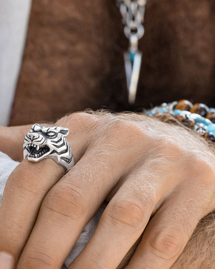 Silver Tiger Ring – Solid 925 Sterling Silver, Bold Unisex Statement Ring, Sizes 7–15, Made in Thailand