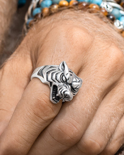 Silver Tiger Ring – Solid 925 Sterling Silver, Bold Unisex Statement Ring, Sizes 7–15, Made in Thailand