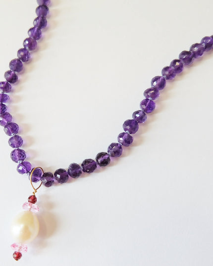 Amethyst Necklace with Pearl & Topaz Charms – Adjustable 14K Gold Filled