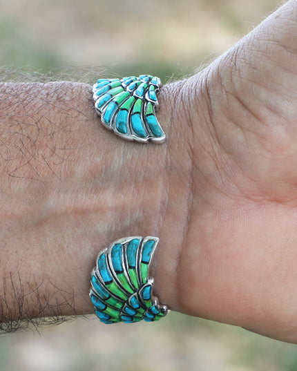 Eagle Myth Cuff Bracelet – Handmade 925 Sterling Silver with Mohave Turquoise, Blue Opal & Coral Gemstones