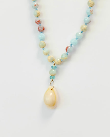 Agate Apatite Cowrie Shell Charm Necklace – Hand-Knotted 14K Gold Filled 18" Beaded Design