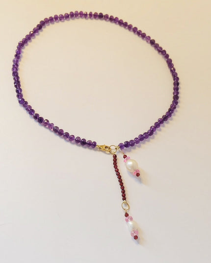 Amethyst Necklace with Pearl & Topaz Charms – Adjustable 14K Gold Filled