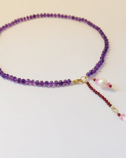 Amethyst Necklace with Pearl & Topaz Charms – Adjustable 14K Gold Filled