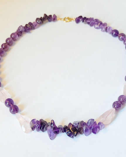 Amethyst & Rose Quartz Bead Necklace – Hand-Knotted on Silk with 14K Gold-Filled Clasp