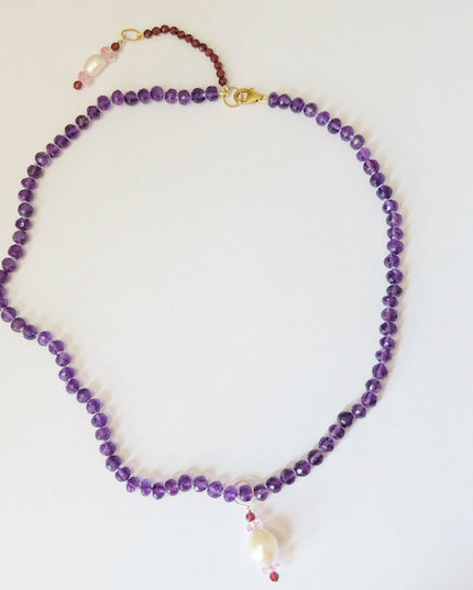 Amethyst Necklace with Pearl & Topaz Charms – Adjustable 14K Gold Filled