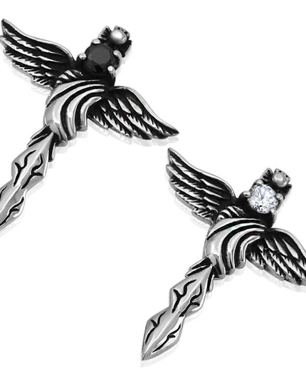 Sterling Silver Angel Wings Cross Pendant – Solid 925 with Black or White Cubic Zirconia