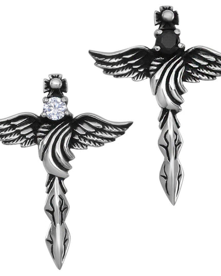Sterling Silver Angel Wings Cross Pendant – Solid 925 with Black or White Cubic Zirconia