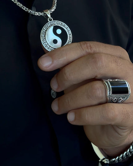 Sterling Silver Yin & Yang Pendant – Solid 925 with Black Onyx & White Shell (30.5mm)