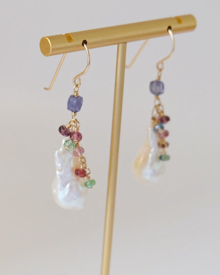 Baroque Pearl Drop Earrings with Tanzanite, Tourmaline & Iolite – Handmade 14K Gold Filled, One of a Kind