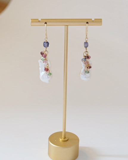 Baroque Pearl Drop Earrings with Tanzanite, Tourmaline & Iolite – Handmade 14K Gold Filled, One of a Kind