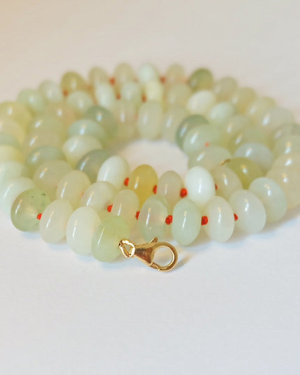 Green Candy Necklace – Dyed Jade Beads, Hand-Knotted on Orange Silk with 14K Gold-Filled Clasp (18")