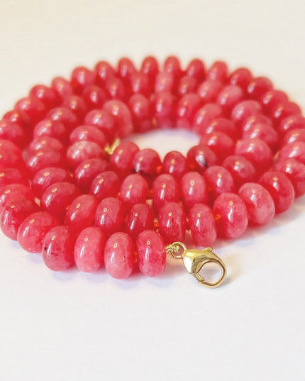 Pink Candy Necklace – Dyed Jade Beaded Necklace, Hand-Knotted Silk, 14K Gold Filled Clasp