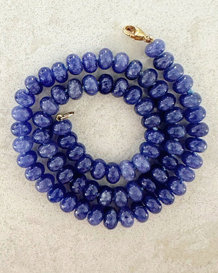 Blue Beaded Gemstone Necklace – Dyed Purple Jade, 14K Gold Filled Clasp, Hand-Knotted 17.75" Jewelry