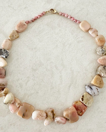 Rhodolite & Peruvian Opal Bead Necklace – Hand-Knotted Gemstone Strand with 14K Gold Clasp