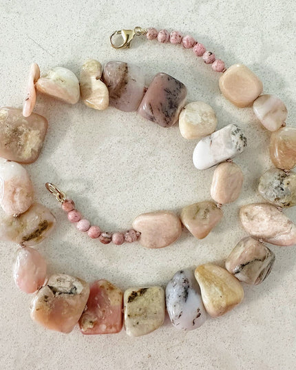 Rhodolite & Peruvian Opal Bead Necklace – Hand-Knotted Gemstone Strand with 14K Gold Clasp