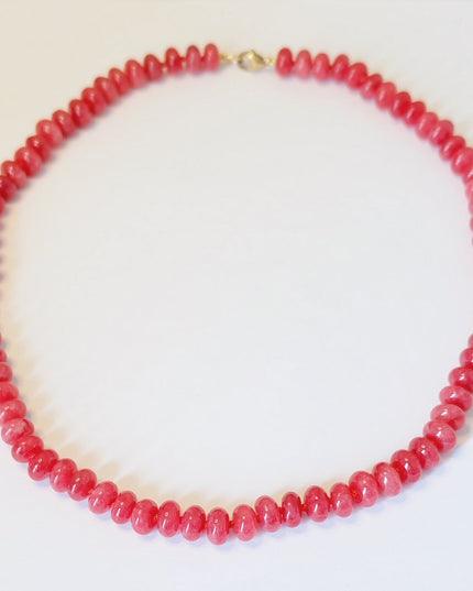 Pink Candy Necklace – Dyed Jade Beaded Necklace, Hand-Knotted Silk, 14K Gold Filled Clasp