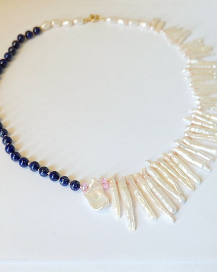 14K Gold Biwa Pearl Necklace with Pink Topaz & Lapis Lazuli – Hand-Knotted 18" Statement Jewelry