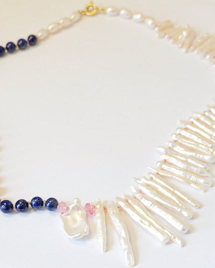 14K Gold Biwa Pearl Necklace with Pink Topaz & Lapis Lazuli – Hand-Knotted 18" Statement Jewelry
