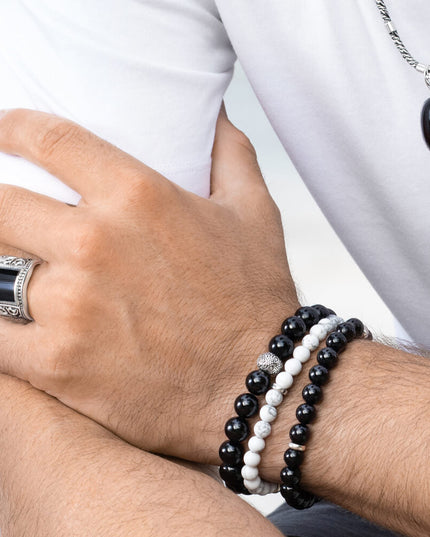 Howlite 925 Sterling Silver & Natural Gemstone Bead Bracelet – White with Grey Veins, 6mm/8mm/10mm, Sizes S–XL, Unisex