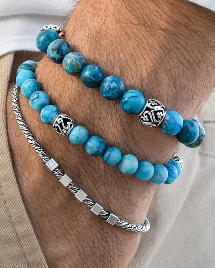 Blue Lace Agate Gemstone Bracelet – Sterling Silver, 8mm & 10mm Beads, Unisex (S–XL)