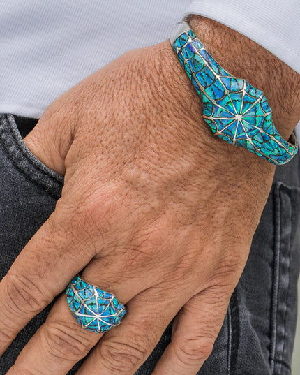Spider Net Cuff Bracelet – Handcrafted 925 Sterling Silver with Blue Opal & Black Onyx, 26.5mm, Thai Jewelry for Men & Women