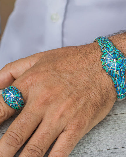 Spider Net Cuff Bracelet – Handcrafted 925 Sterling Silver with Blue Opal & Black Onyx, 26.5mm, Thai Jewelry for Men & Women