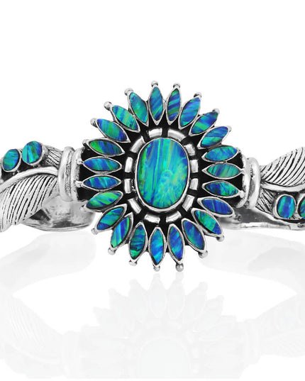 Blue Sun Cuff Bracelet – Solid 925 Sterling Silver with Genuine Blue Opal Stones