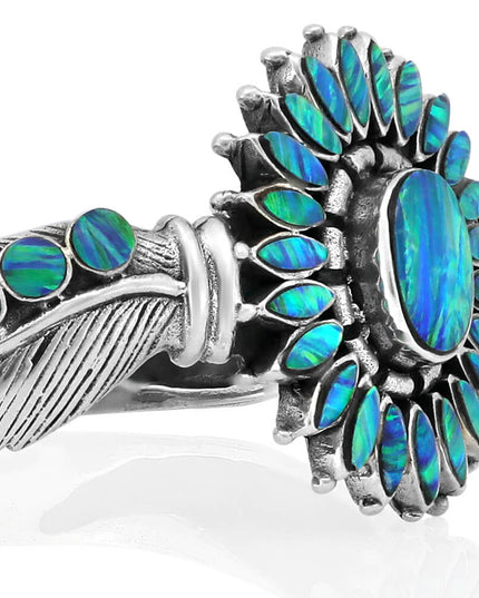 Blue Sun Cuff Bracelet – Solid 925 Sterling Silver with Genuine Blue Opal Stones