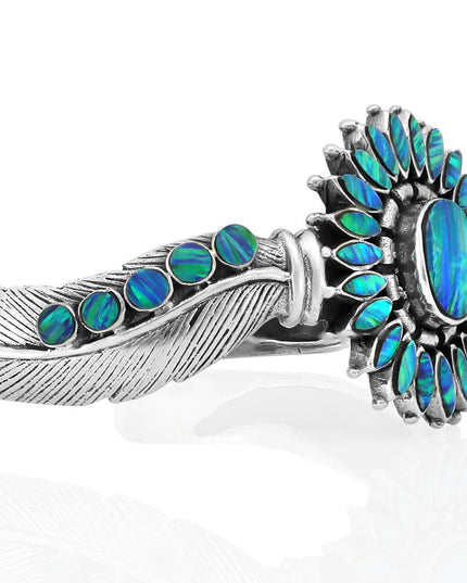 Blue Sun Cuff Bracelet – Solid 925 Sterling Silver with Genuine Blue Opal Stones