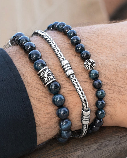 Blue Tiger Eye Gemstone Bracelet – Sterling Silver Beads, Men & Women, 6mm/8mm