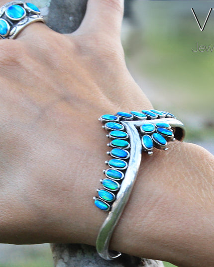 Blue Crown Cuff Bracelet – Sterling Silver with Genuine Blue Opals