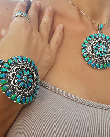Mandala Cuff Bracelet – Sterling Silver with Genuine Blue Opal Stones