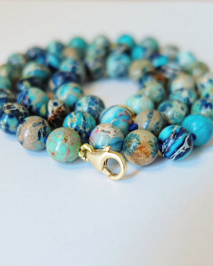 Blue Candy Necklace – Turquoise Jasper Beads, 14K Gold-Filled Clasp, 18" Hand-Tied