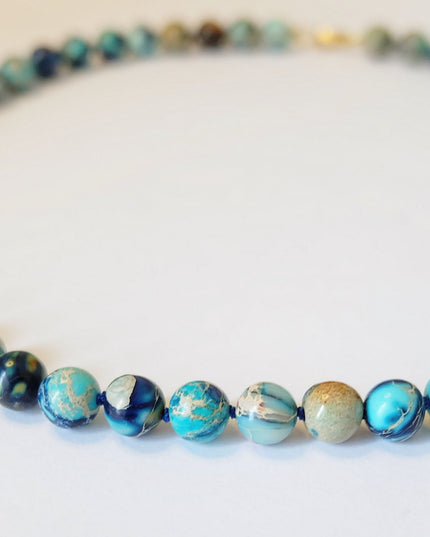 Blue Candy Necklace – Turquoise Jasper Beads, 14K Gold-Filled Clasp, 18" Hand-Tied