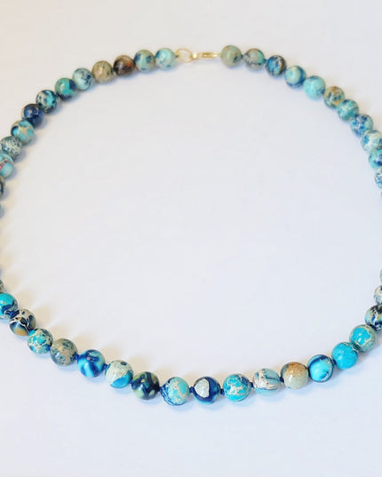 Blue Candy Necklace – Turquoise Jasper Beads, 14K Gold-Filled Clasp, 18" Hand-Tied