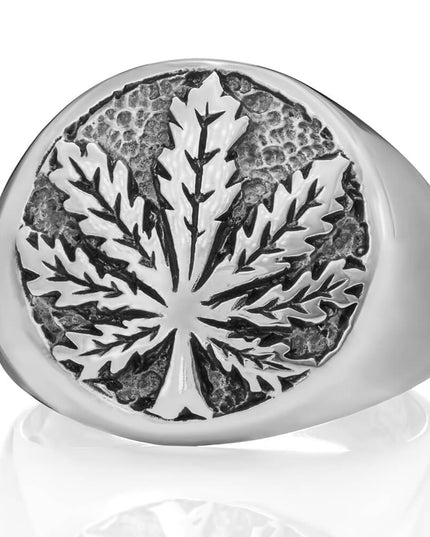 Sterling Silver Cannabis Signet Ring – Solid 925 Men’s Marijuana Leaf Jewelry (18mm)