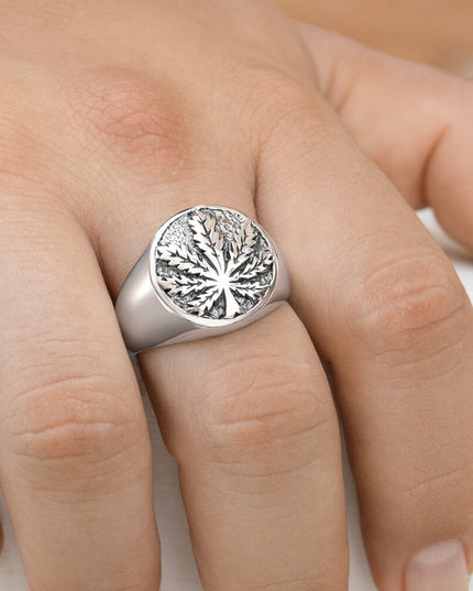 Sterling Silver Cannabis Signet Ring – Solid 925 Men’s Marijuana Leaf Jewelry (18mm)