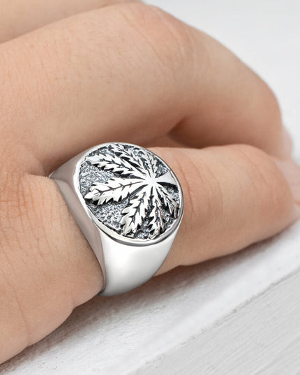 Sterling Silver Cannabis Signet Ring – Solid 925 Men’s Marijuana Leaf Jewelry (18mm)