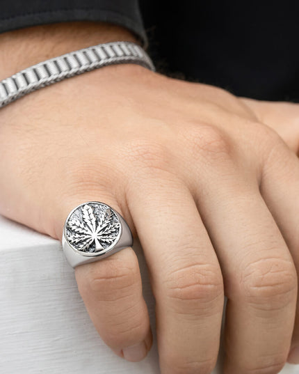 Sterling Silver Cannabis Signet Ring – Solid 925 Men’s Marijuana Leaf Jewelry (18mm)