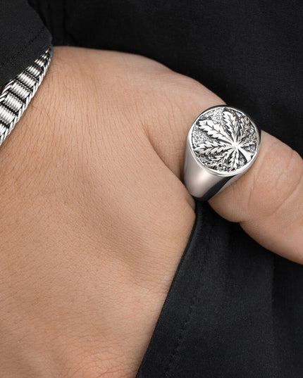 Sterling Silver Cannabis Signet Ring – Solid 925 Men’s Marijuana Leaf Jewelry (18mm)