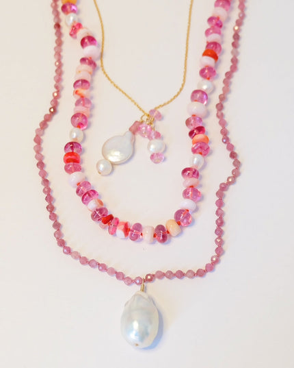 Pink Tourmaline & Baroque Pearl Charm Necklace – Hand-Knotted on Silk with 14K Gold-Filled Clasp (18")