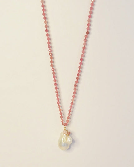 Pink Tourmaline & Baroque Pearl Charm Necklace – Hand-Knotted on Silk with 14K Gold-Filled Clasp (18")
